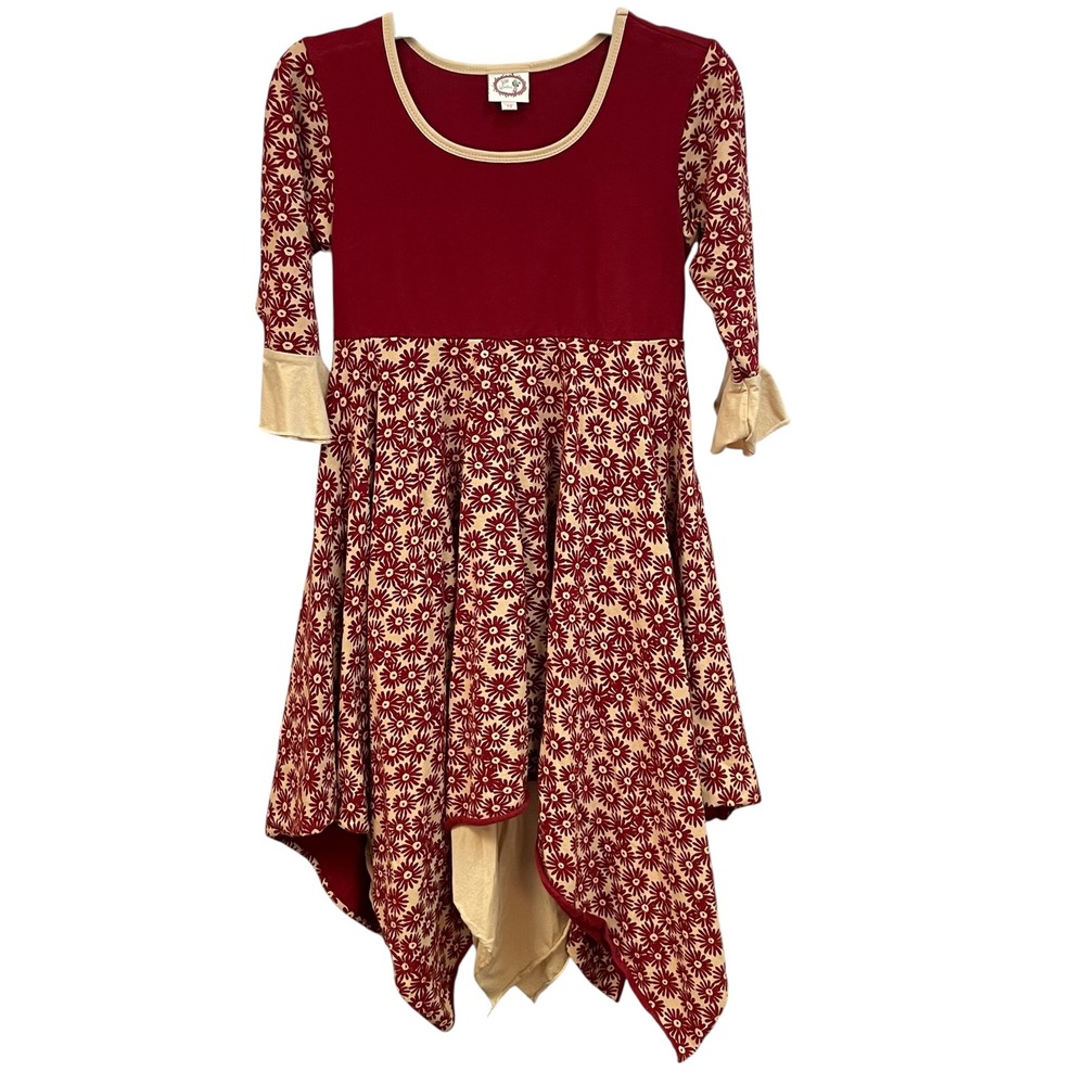 Little Loviebird Dress Girls Size‎ 12 Red Beige Floral Handkerchief Hem